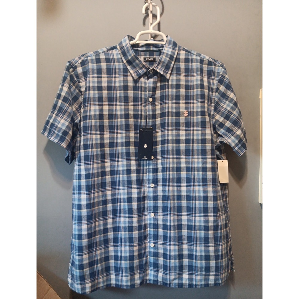 New WT Izod Linen Polyester Shirt Mens XL Blue & Pink Plaid Preppy Lightweight